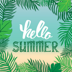 Sticker - Hello summer. Vector summer illustration hand lettering. The leaves of palm trees and tropical flowers on a background of the sea coast.