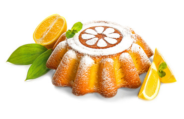 Canvas Print - Delicious citrus cake with lemons on white background