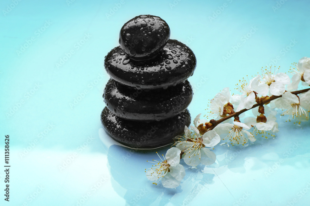 Spa stones with blooming branch on turquoise background