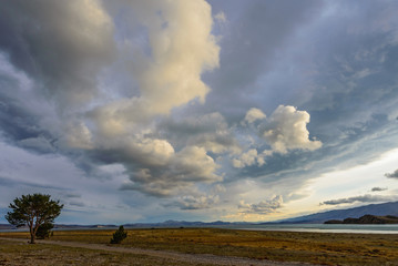 Wall Mural - beautiful heavy clouds over the tree and lake