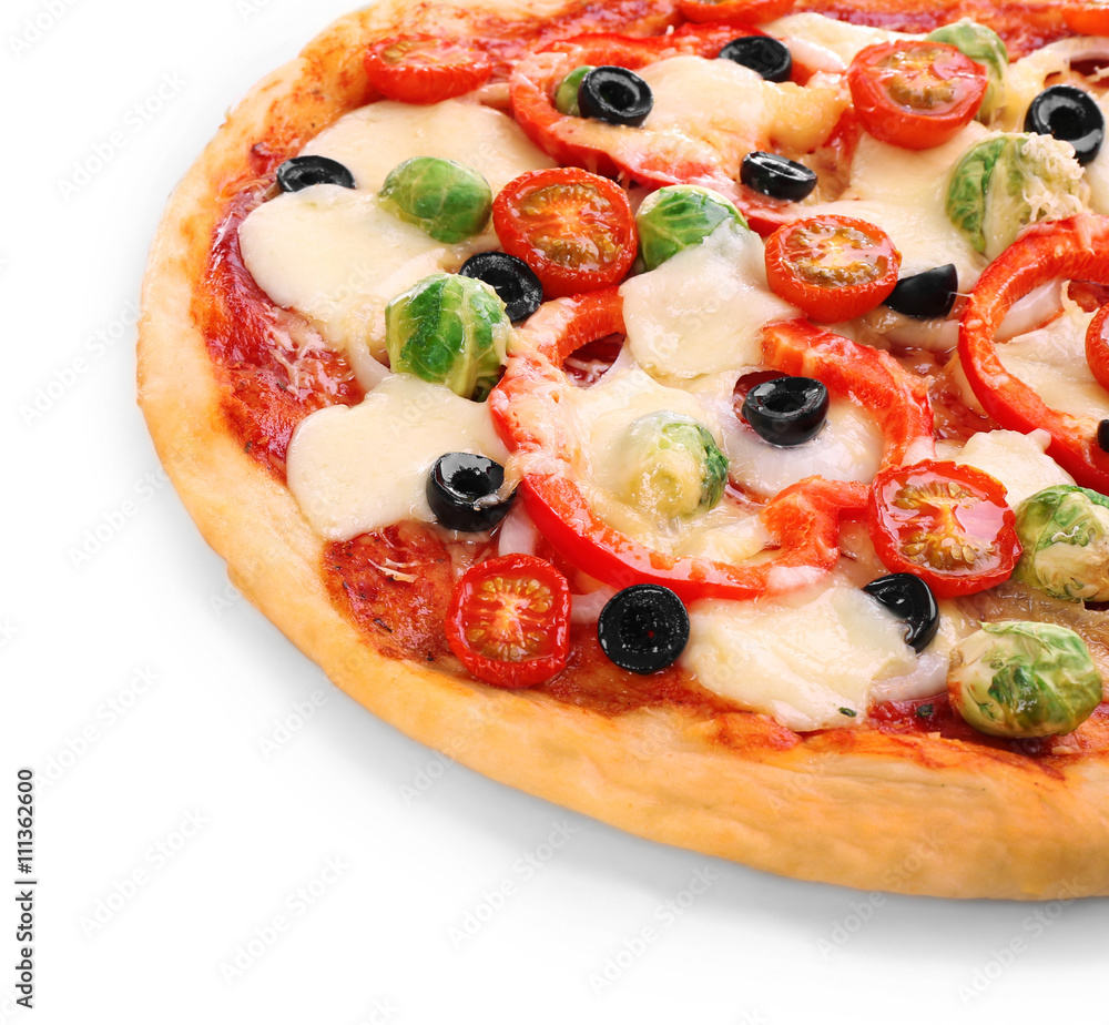 Delicious pizza with cheese and vegetables isolated on white