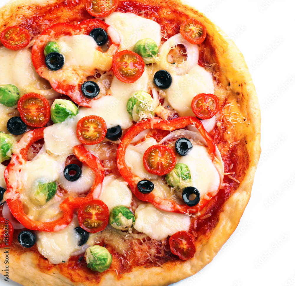 Delicious pizza with cheese and vegetables isolated on white