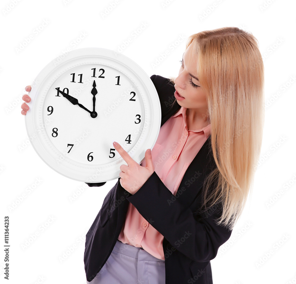 Beautiful young girl holding clock, isolated on white