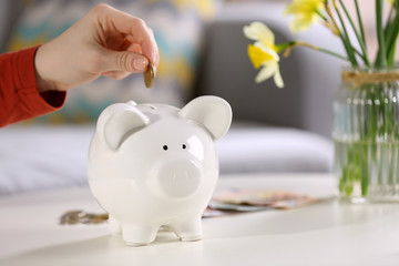 Poster - Female hand putting coin into piggy bank closeup