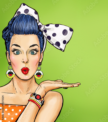 Tapeta ścienna na wymiar Pop Art girl with thought bubble. Party invitation. Birthday card. Hollywood, movie star. Comic woman. Sexy girl. Sale, discount, amazed, wow, cute, lips, hippie, face, wow, makeup, wonder, temptation