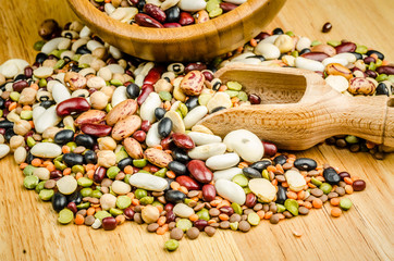 legumes on wood, closeup, background.