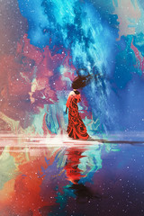 woman in dress standing on water against Universe filled with stars,illustration