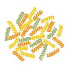 Wall Mural - Tricolor fusilli pasta on the white background. Vector hand drawn food illustration. Corkscrew shaped pasta