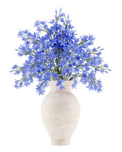 Blue Flowers In Ceramic Vase Isolated On White Background. 3d Il