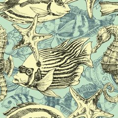 Poster - Sea pattern, marine life exotic fish background