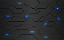 Seamless Vector Futuristic Dark Iron Techno Texture. Blue Abstract Electron Energy Line On Brushed Black Metal Background. Power Vein Light Tech Pattern.