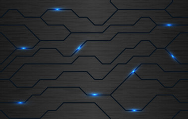 Seamless vector futuristic dark iron techno texture. Blue abstract electron energy line on brushed black metal background. Power vein light tech pattern.