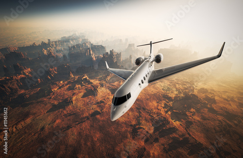 Photo White Glossy Luxury Generic Design Private Jet Flying in Sky under Earth Surface Poster