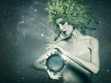 Holding The Planet, Abstract Eco Backgrounds With Beauty Female