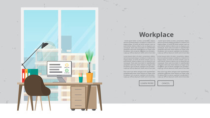 Web banner with workplace and place for text. Vector illustration with business workspace in the office. Web page with office interior.