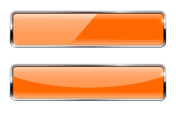 Glass buttons. Orange rectangular button with metal frame