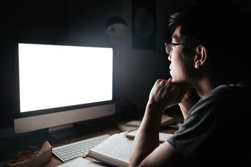 Canvas Print - Man in glasses studying using blank screen computer