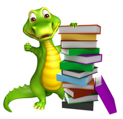 Sticker - cute Aligator cartoon character with book stack