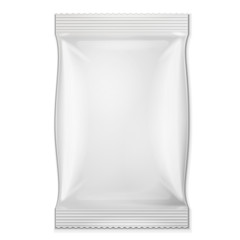 Wall Mural - White Blank Foil Food Snack Sachet Bag Packaging For Coffee, Salt, Sugar, Pepper, Spices, Sachet, Sweets, Chips, Cookies. Illustration Isolated. Mock Up Template Ready For Your Design. Vector EPS10