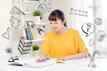 Poster - happy asian young woman student learning at home