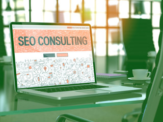Wall Mural - seo - search engine optimization - consulting concept. closeup landing page on laptop screen in dood