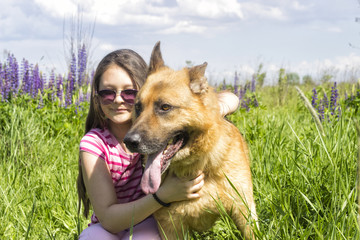 Poster - girl hugging a dog  outdoors