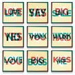 A set of retro fun overprint multilayered anaglyph effect cards with conceptual text and symbols. Offset print effect typography on a grungy aged background.