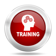 Aufkleber - training icon, red round glossy metallic button, web and mobile app design illustration