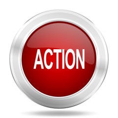 Aufkleber - action icon, red round glossy metallic button, web and mobile app design illustration