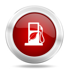 Aufkleber - biofuel icon, red round glossy metallic button, web and mobile app design illustration