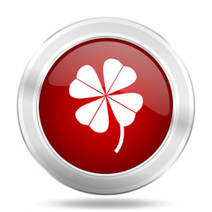 Aufkleber - four-leaf clover icon, red round glossy metallic button, web and mobile app design illustration