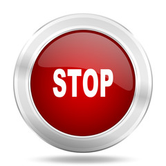 Aufkleber - stop icon, red round glossy metallic button, web and mobile app design illustration