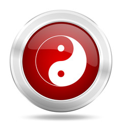 Poster - ying yang icon, red round glossy metallic button, web and mobile app design illustration