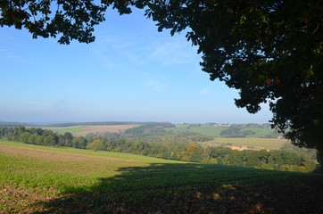 Wall Mural - Woman and girl walking on trail through rural landscape with meadows and fields on rolling hills in Wallonia on sunny autumn day, Durnal, Yvoir