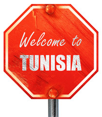 Welcome to tunisia, 3D rendering, a red stop sign