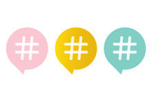 Cute Pink, Mint Green And Gold Hashtag Symbol In Speech Bubble Isolated On White Background.