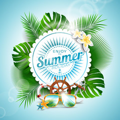 Vector Enjoy the Summer Holiday typographic illustration with tropical plants and seasons elements on light blue background.