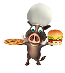 Wall Mural - cute Boar cartoon character with burger  and pizza