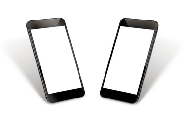 Poster - Isolated black smart phone. Two sided isometric view. Isolated screen for mockup.