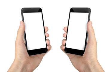 Poster - Smart phone in man hands. Isolated screen for mockup. Two sided isometric position.