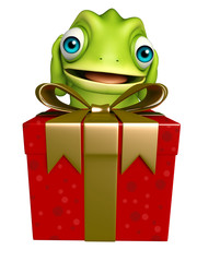 Poster - fun Chameleon cartoon character with gift box