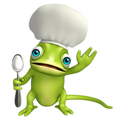 Poster - Chameleon cartoon character with dinner plate and spoons