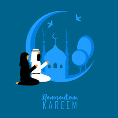 Wall Mural - Muslim man and woman praying. Islamic Prayer to Allah. Islam Religion. Arab family praying. Saudi couple praying. Ramadan Kareem celebration greeting card background vector illustration. Flat design