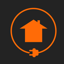 House In The Circle With Plug, Electricity Supply. Orange Sign On Black Background