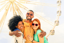 Multiracial Friends Having Fun At Ferris Wheel Park  - Happy Multiethnic Students  Smiling  At Photo Camera Background Funfair - Concept Of People Joyful Moment Happiness And Travel Around The World