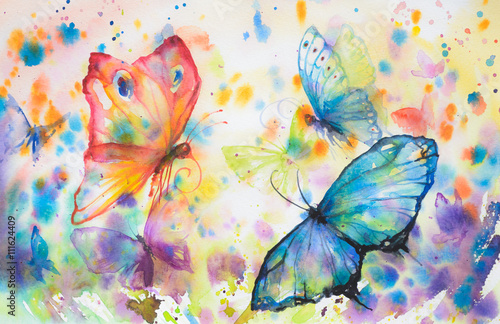 Naklejka - mata magnetyczna na lodówkę Handpainted colorful background with flying butterflies.Picture created with watercolors.