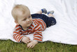 Adorable funny laughing baby boy relaxing on a white blanket in a green summer garden 