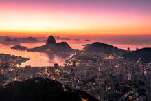Rio De Janeiro Just Before Sunrise, City Lights, And Sugarloaf Mountain