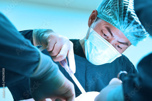 Fototapeta na szkło veterinarian surgery in operation room take with art lighting and blue filter