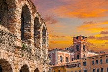 The Ruins Of The Ancient Roman Arena In Verona At Sunset. Italy.
